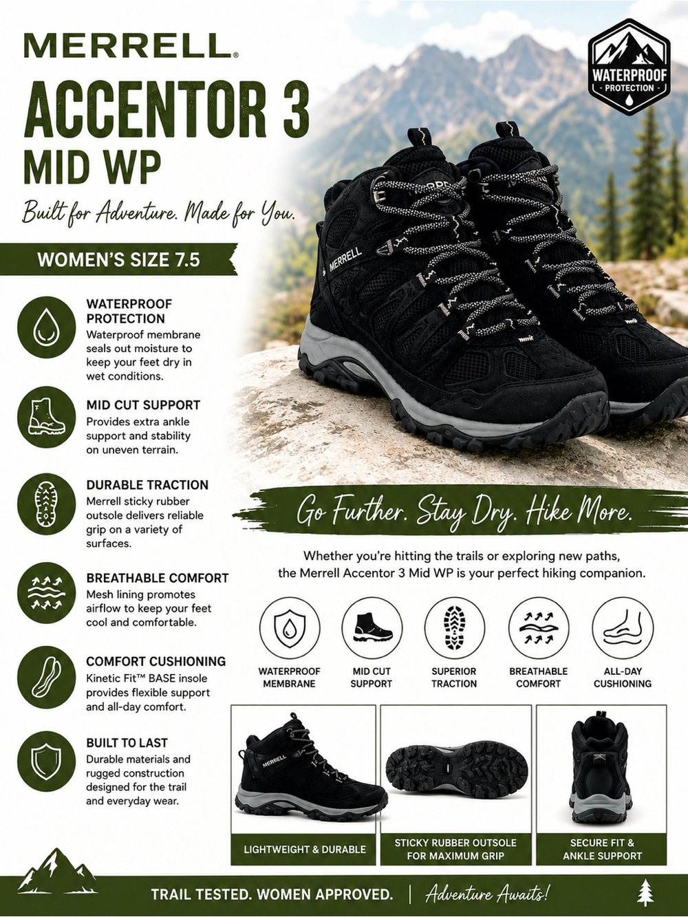 Merrell Accentor 3 Mid WP Waterproof Hiking Boots Women’s Size 7.5